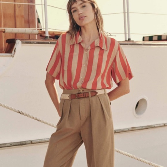 THE GREAT. Tops - The Great. The Bowling Button Down Shirt Blouse In Sunset Stripe Orange Size 3 L